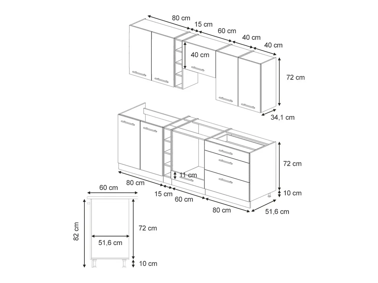Mueble de cocina negro a rayas/blanco 235x60x81.6 fame-line