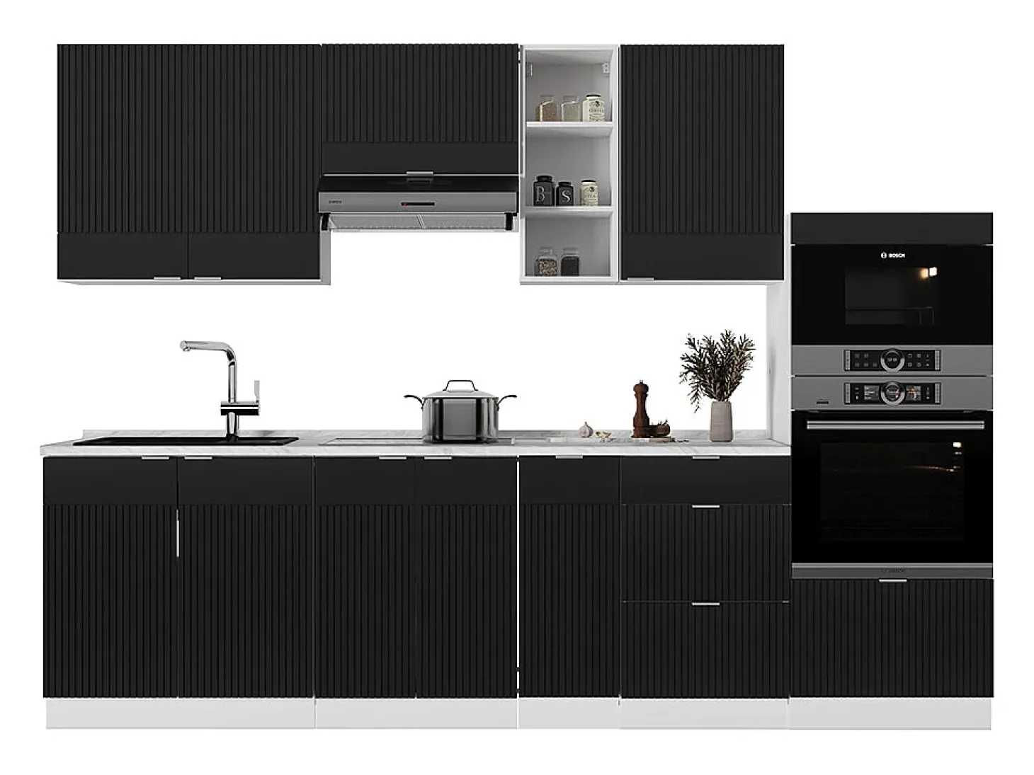 Mueble de cocina negro a rayas/blanco 280x46x81.6 fame-line