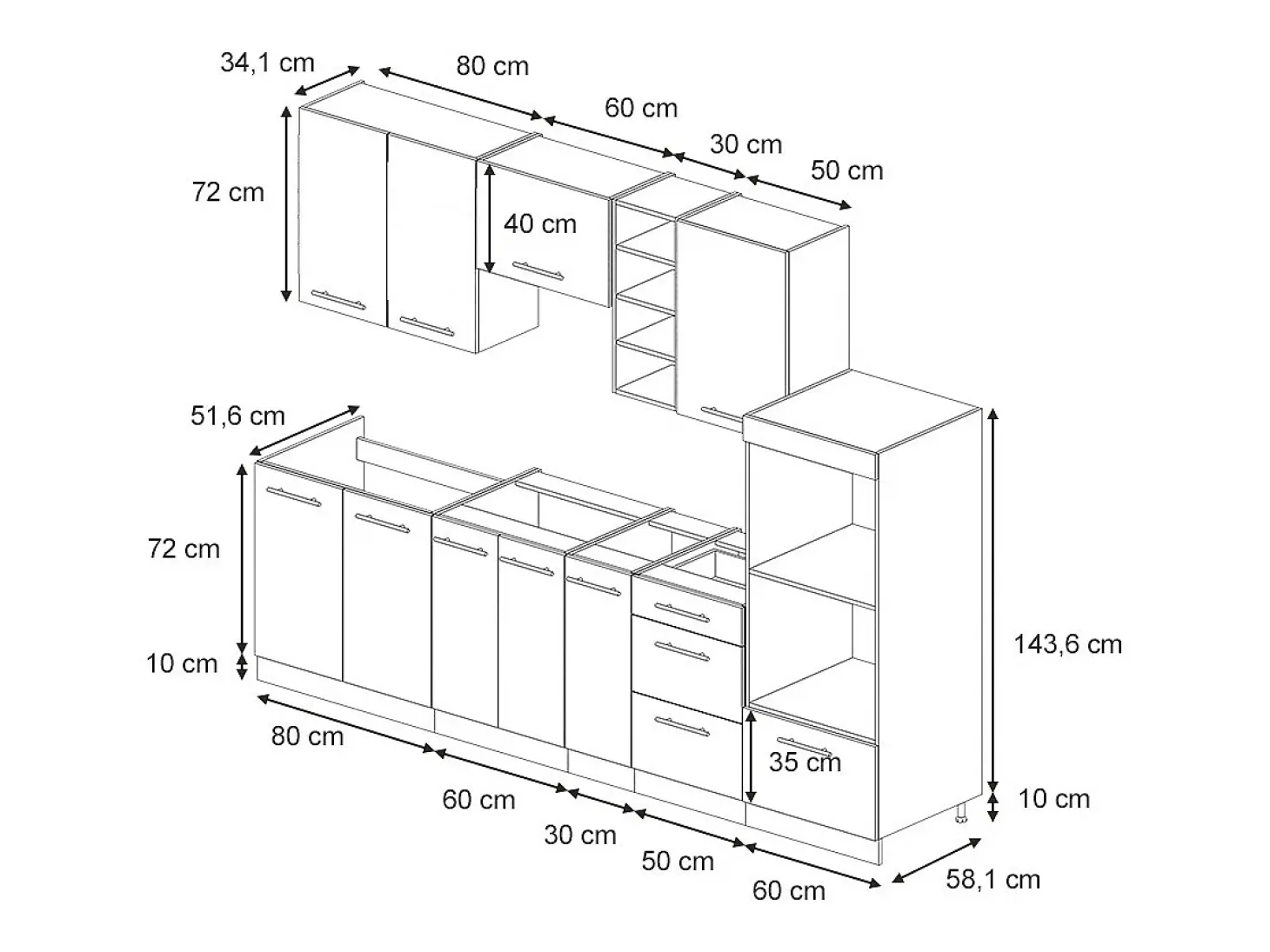 Mueble de cocina negro a rayas/blanco 280x46x81.6 fame-line