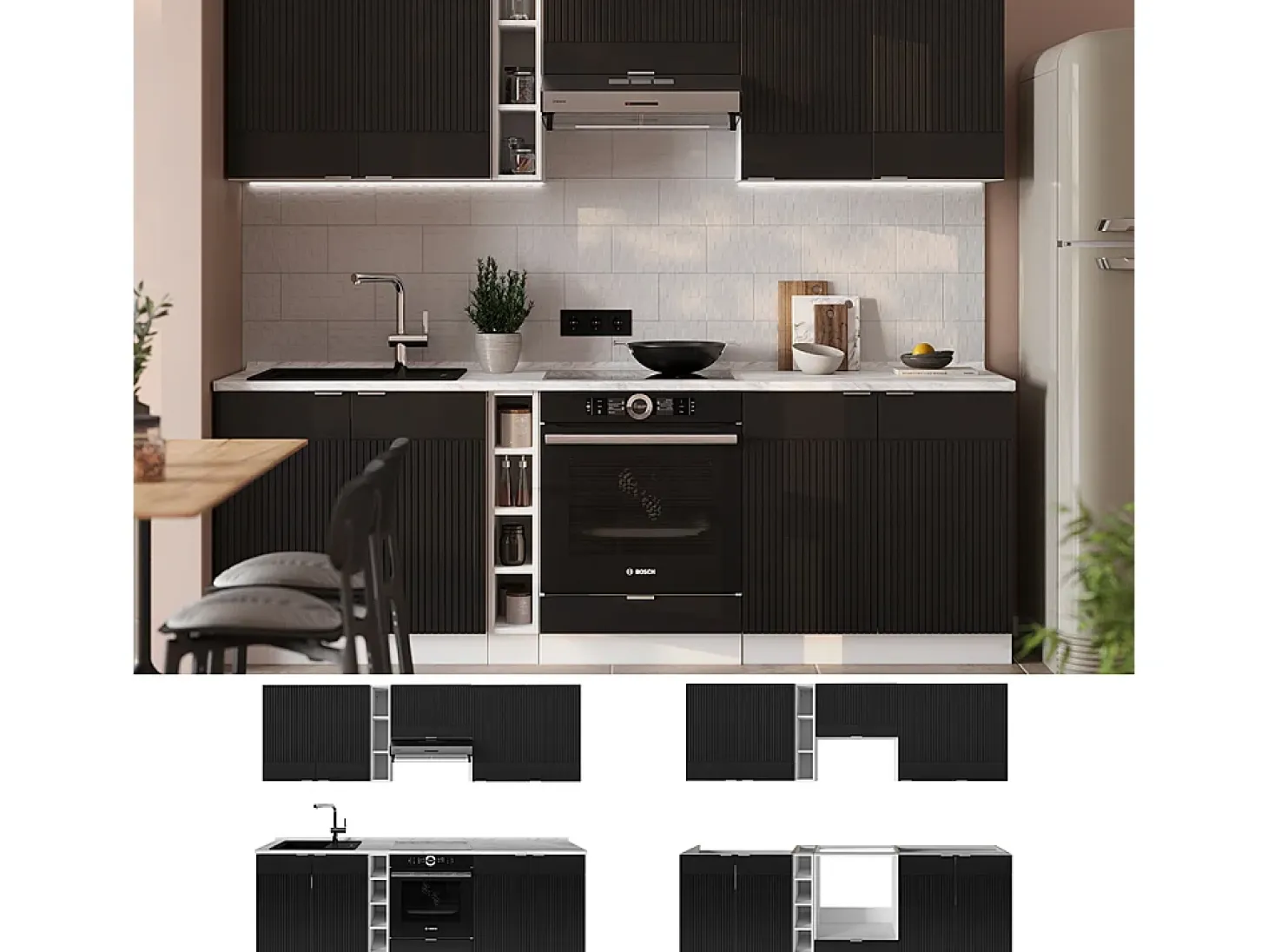 Mueble de cocina negro a rayas/blanco 235x60x81.6 fame-line