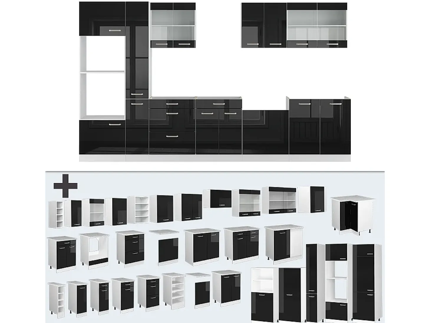 Mueble de cocina negro brillo/blanco 350x60x81.6 r-line
