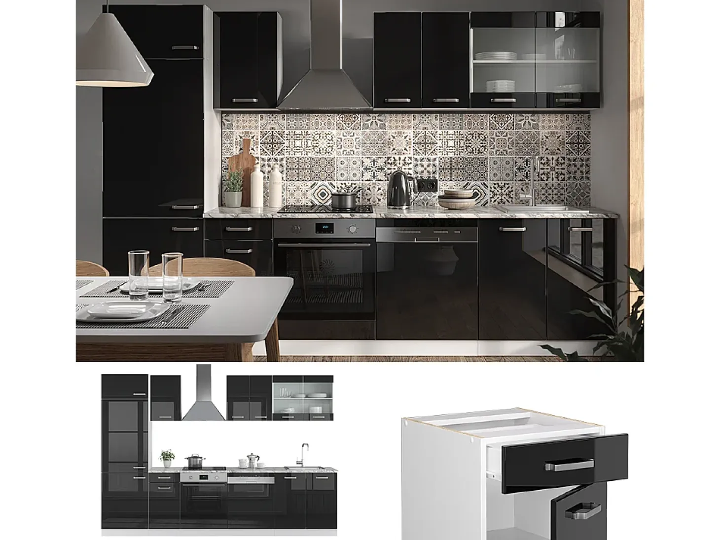 Mueble de cocina negro brillo/blanco 300x60x81.6 r-line