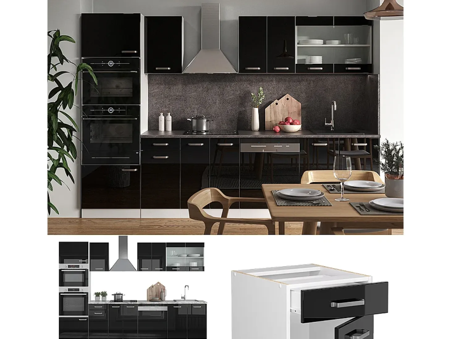 Mueble de cocina negro brillo/blanco 300x60x81.6 r-line