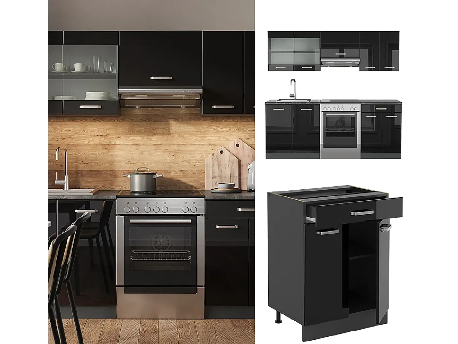 Mueble de cocina negro/antracita de alto brillo 200x60x81.6 r-line
