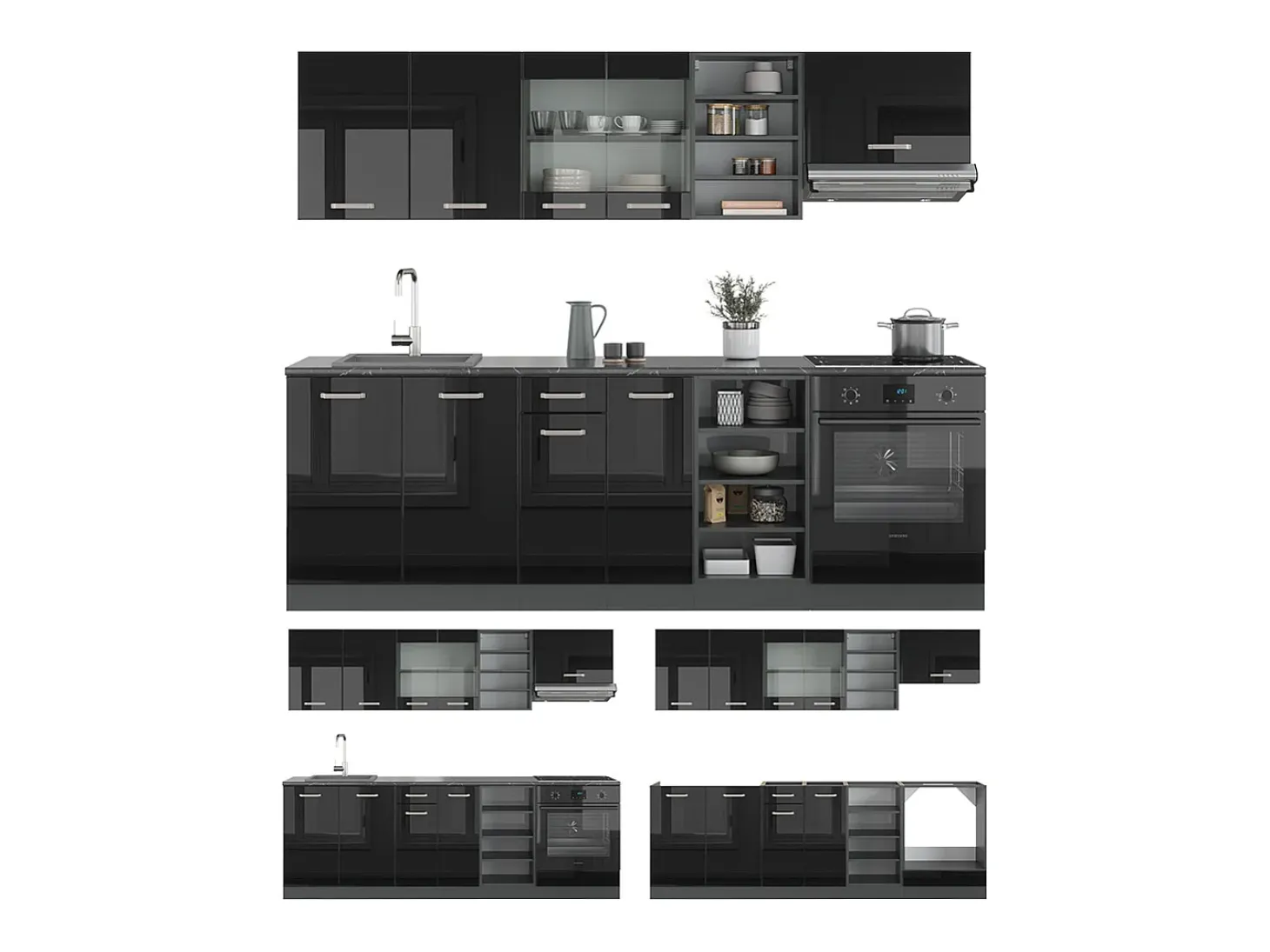 Mueble de cocina negro/antracita de alto brillo 240x46x81.6 r-line