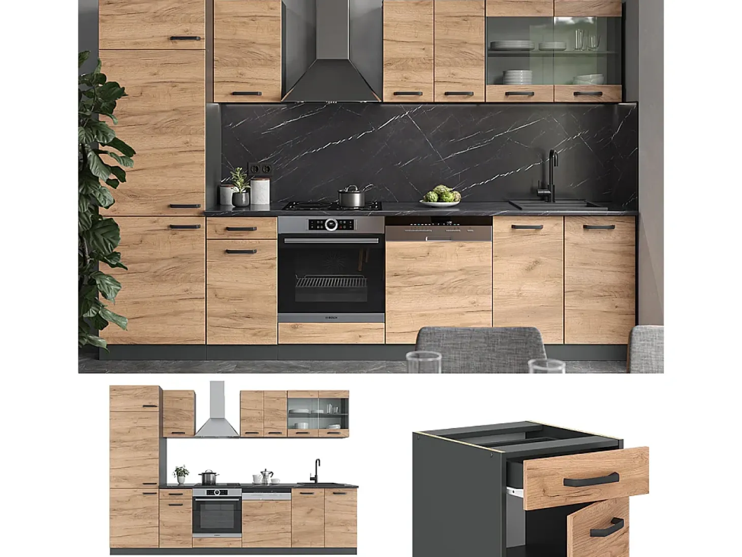 Mueble de cocina oro power roble/antracita 300x46x81.6 r-line