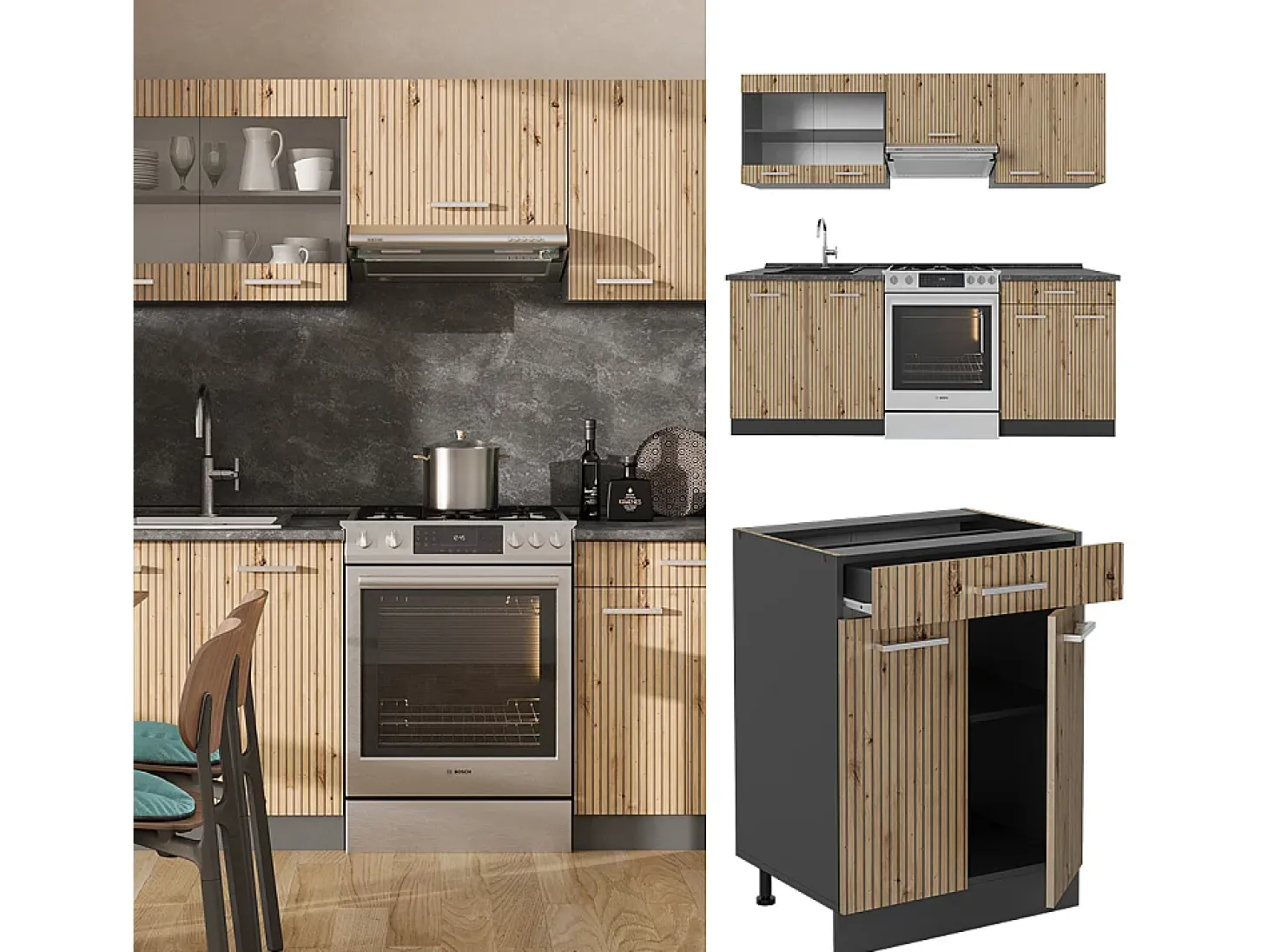 Mueble de cocina roble artesanal/antracita 200x60x81.6 r-line