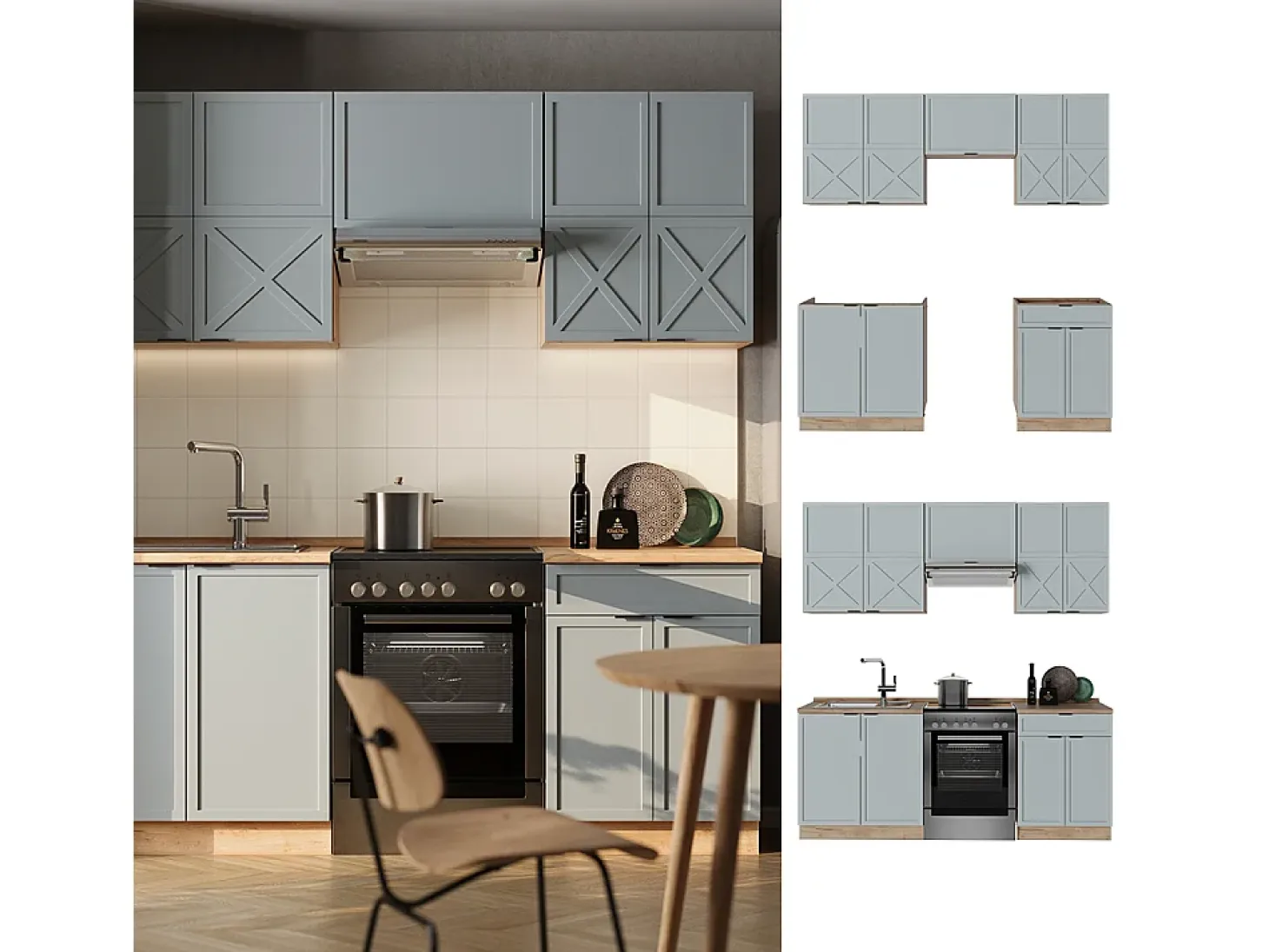 Mueble de cocina roble azul claro/gris dorado 200x60x81.6 fame-line
