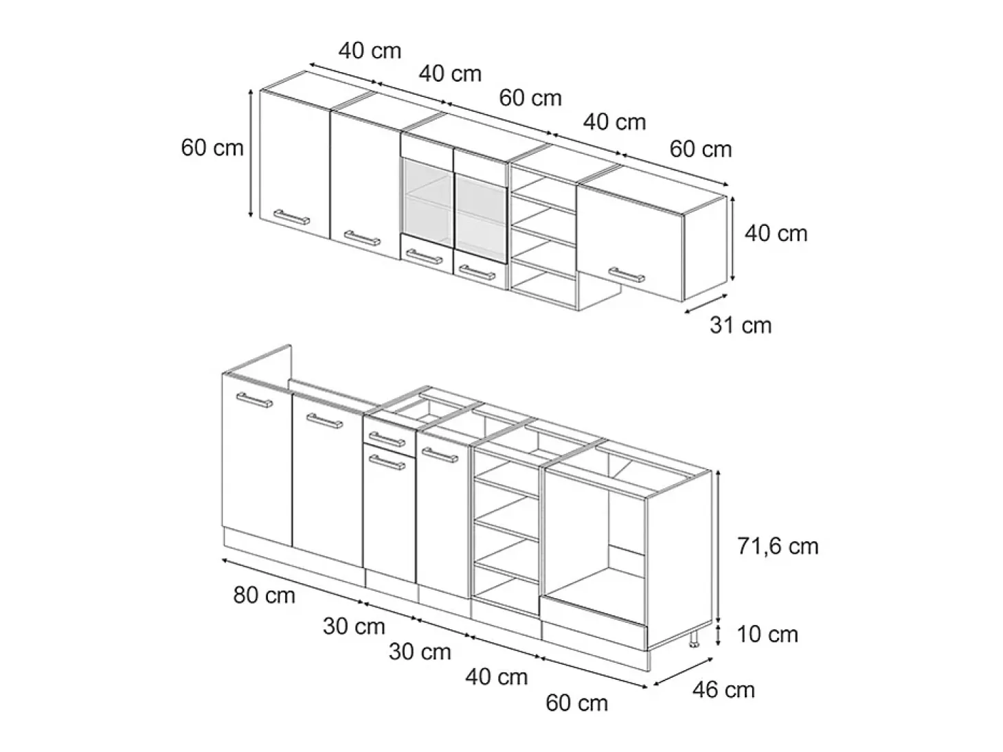 Mueble de cocina roble negro/dorado de alto brillo 240x60x81.6 r-line