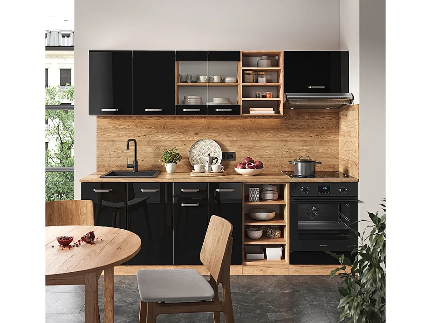Mueble de cocina roble negro/dorado de alto brillo 240x60x81.6 r-line
