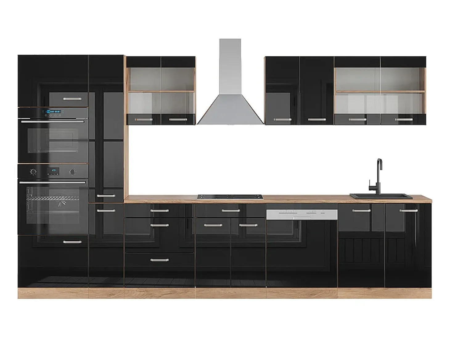 Mueble de cocina roble negro/dorado de alto brillo 350x46x81.6 r-line