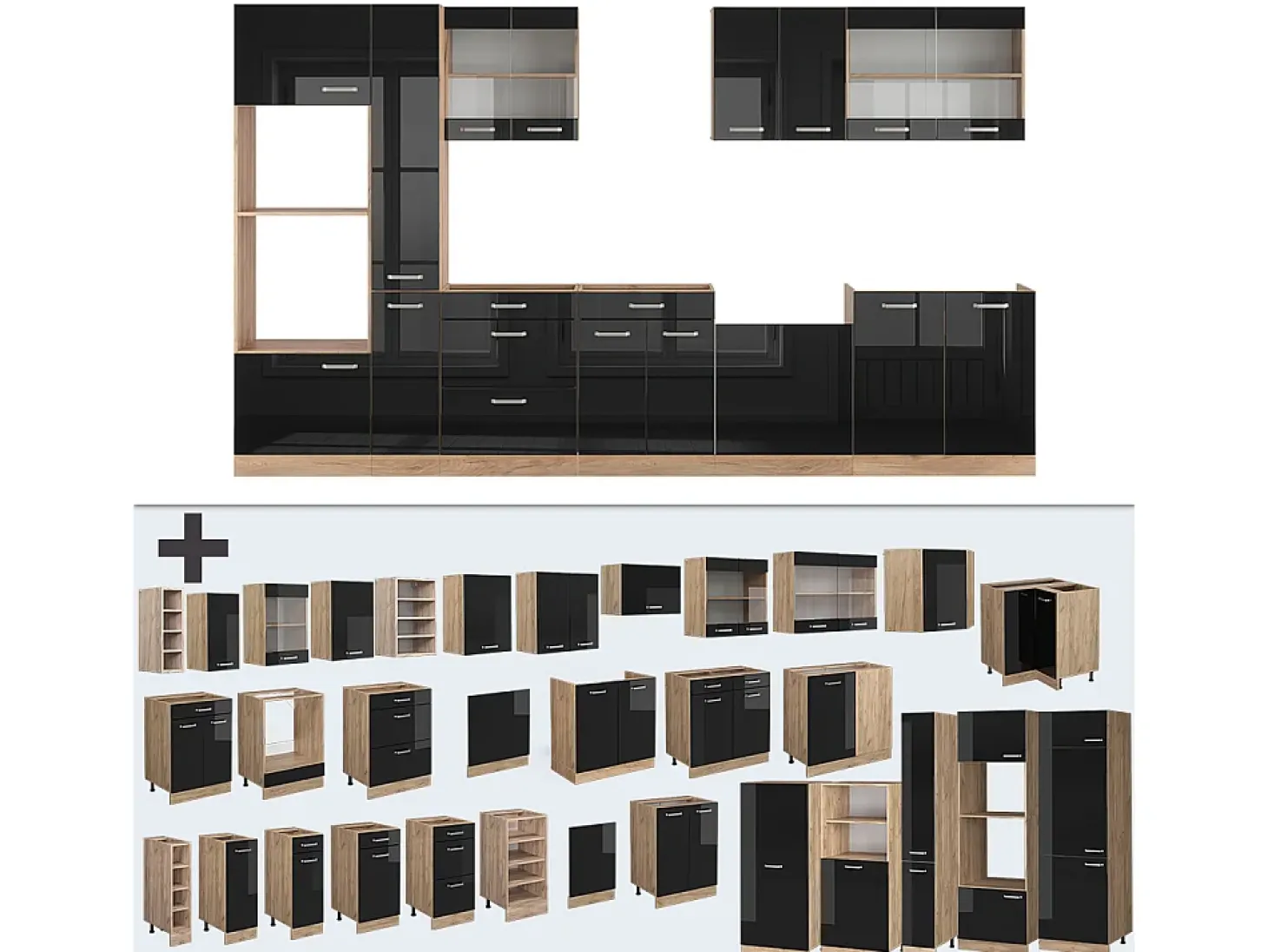 Mueble de cocina roble negro/dorado de alto brillo 350x46x81.6 r-line