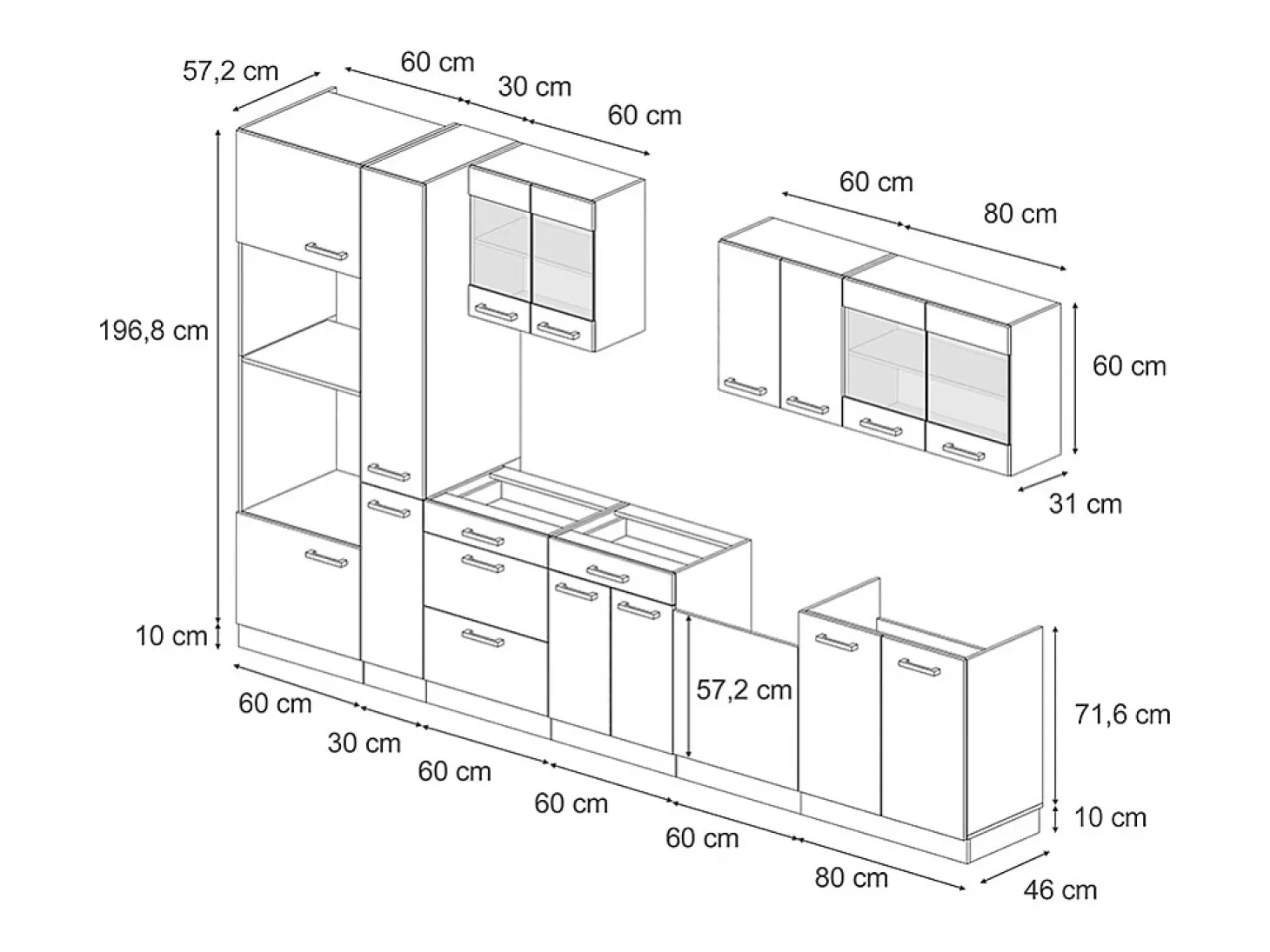 Mueble de cocina roble negro/dorado de alto brillo 350x46x81.6 r-line