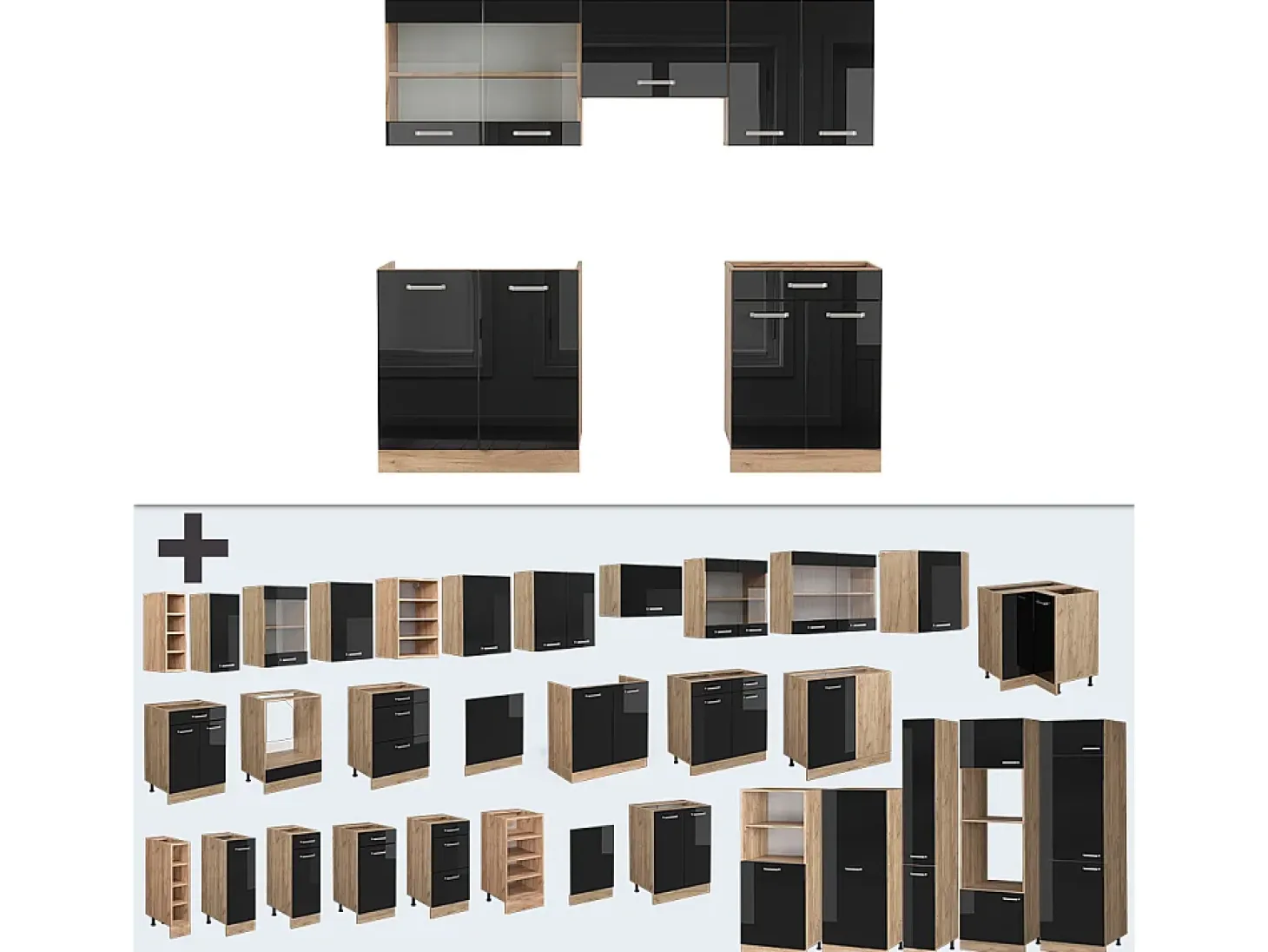 Mueble de cocina roble negro/dorado de alto brillo 200x46x81.6 r-line