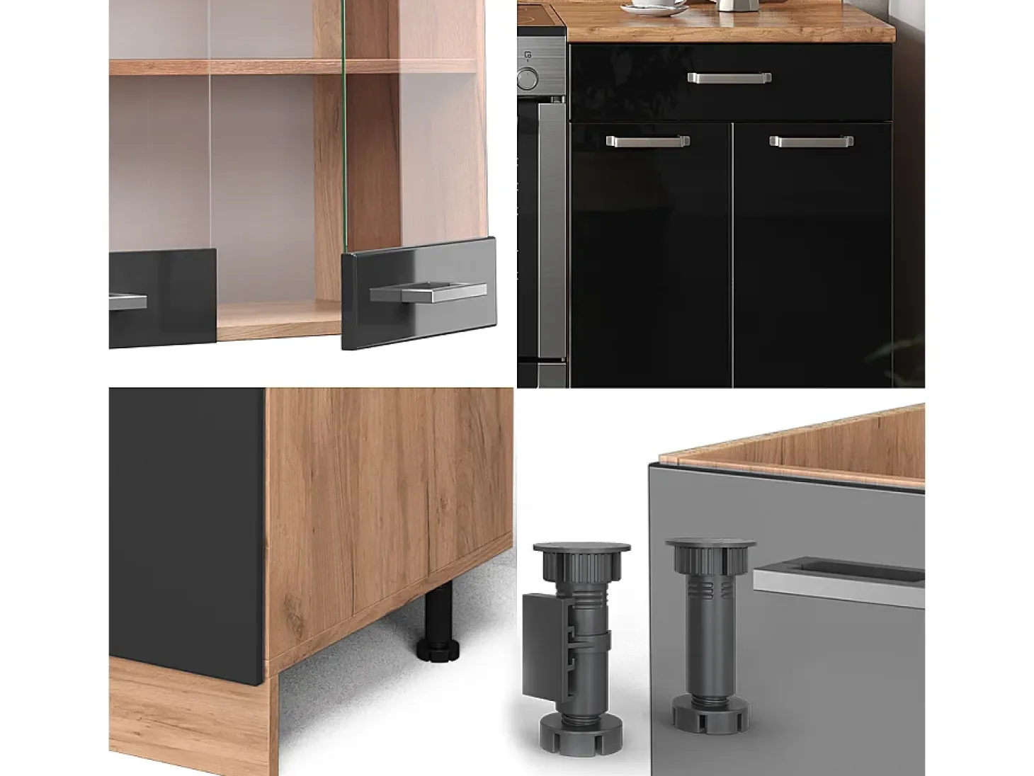 Mueble de cocina roble negro/dorado de alto brillo 200x46x81.6 r-line