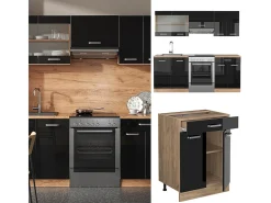 Mueble de cocina roble negro/dorado de alto brillo 200x46x81.6 r-line