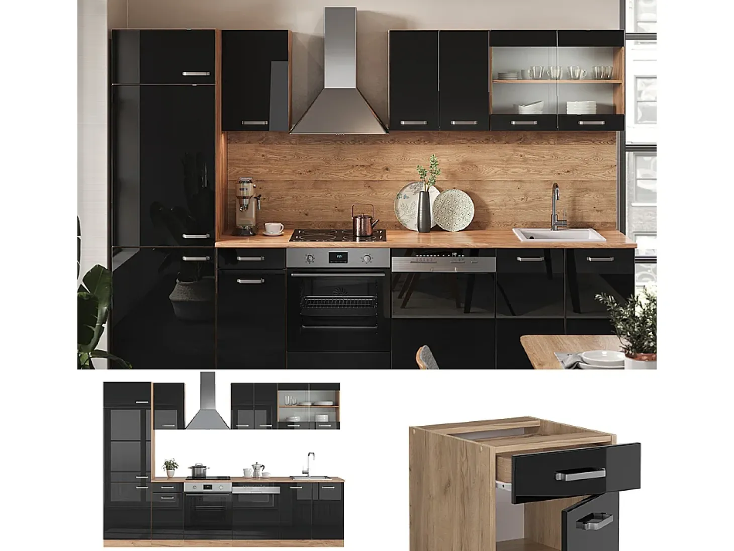 Mueble de cocina roble negro/dorado de alto brillo 300x46x81.6 r-line