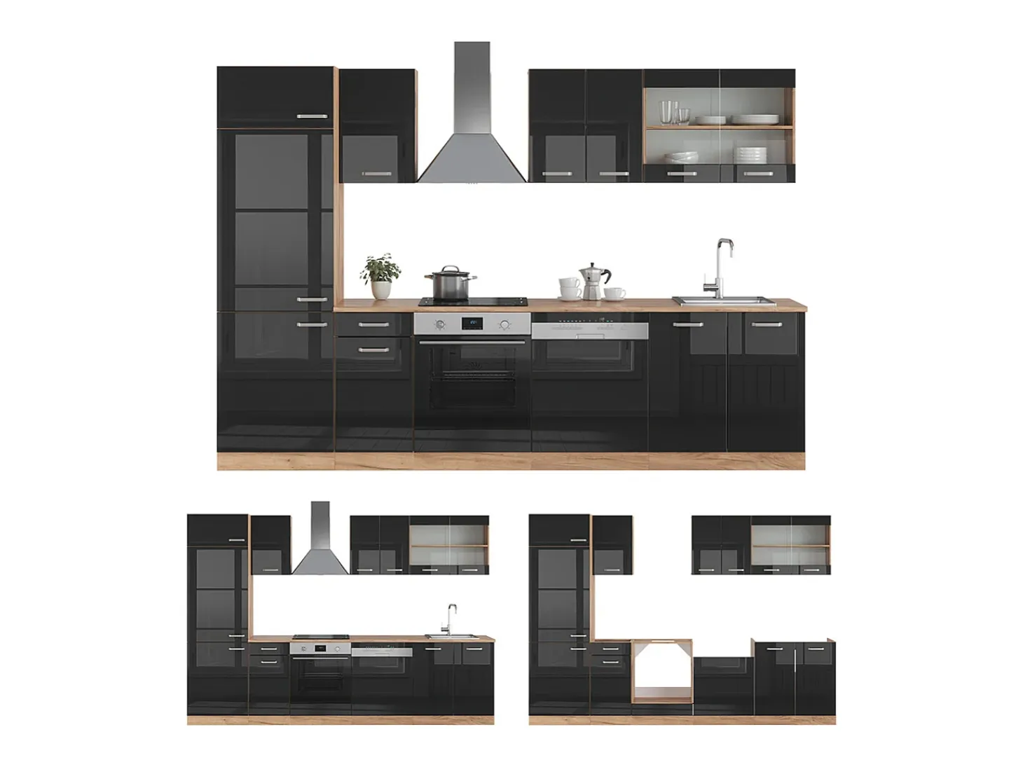 Mueble de cocina roble negro/dorado de alto brillo 300x46x81.6 r-line