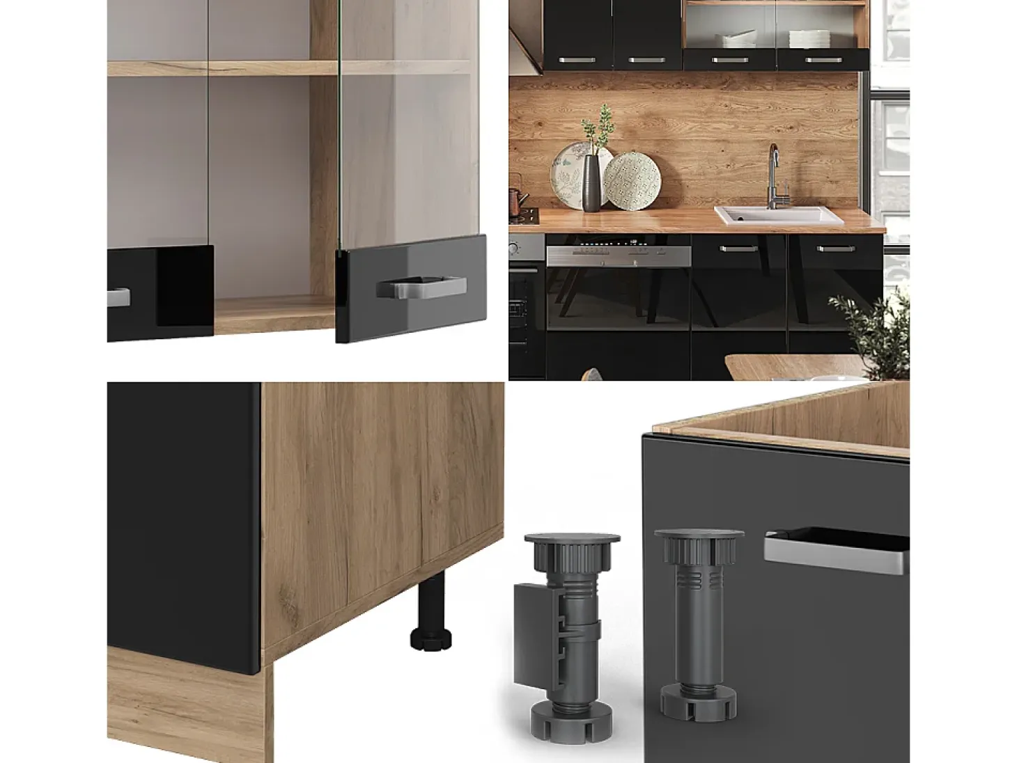 Mueble de cocina roble negro/dorado de alto brillo 300x46x81.6 r-line