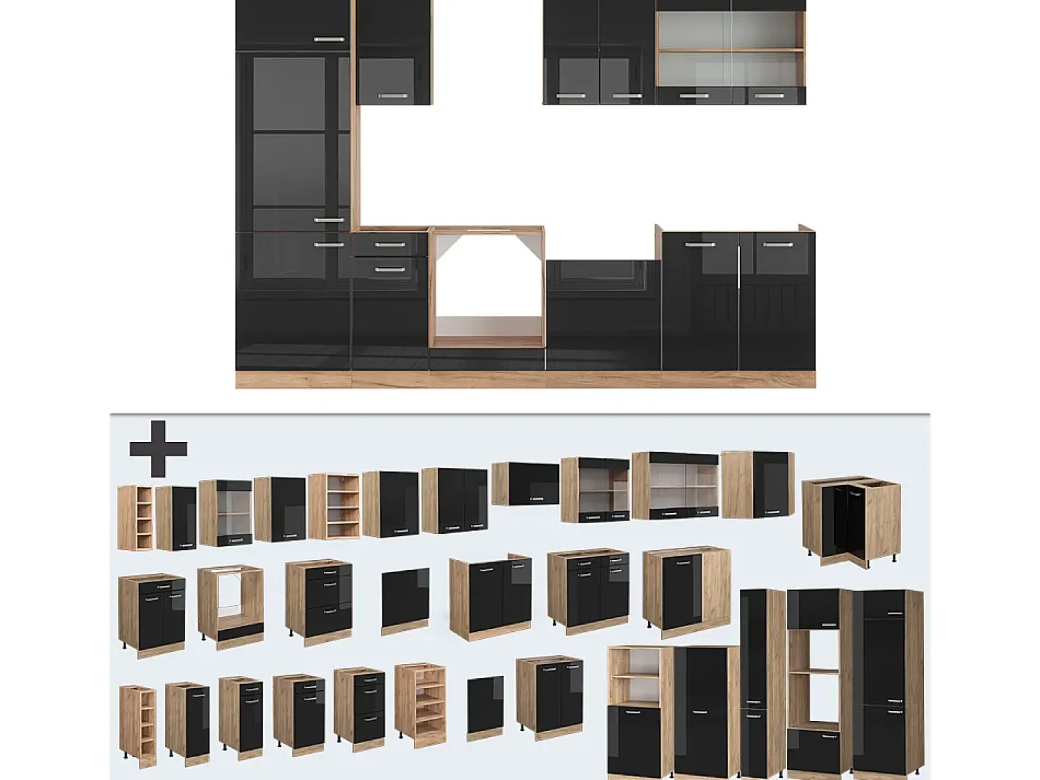 Mueble de cocina roble negro/dorado de alto brillo 300x46x81.6 r-line