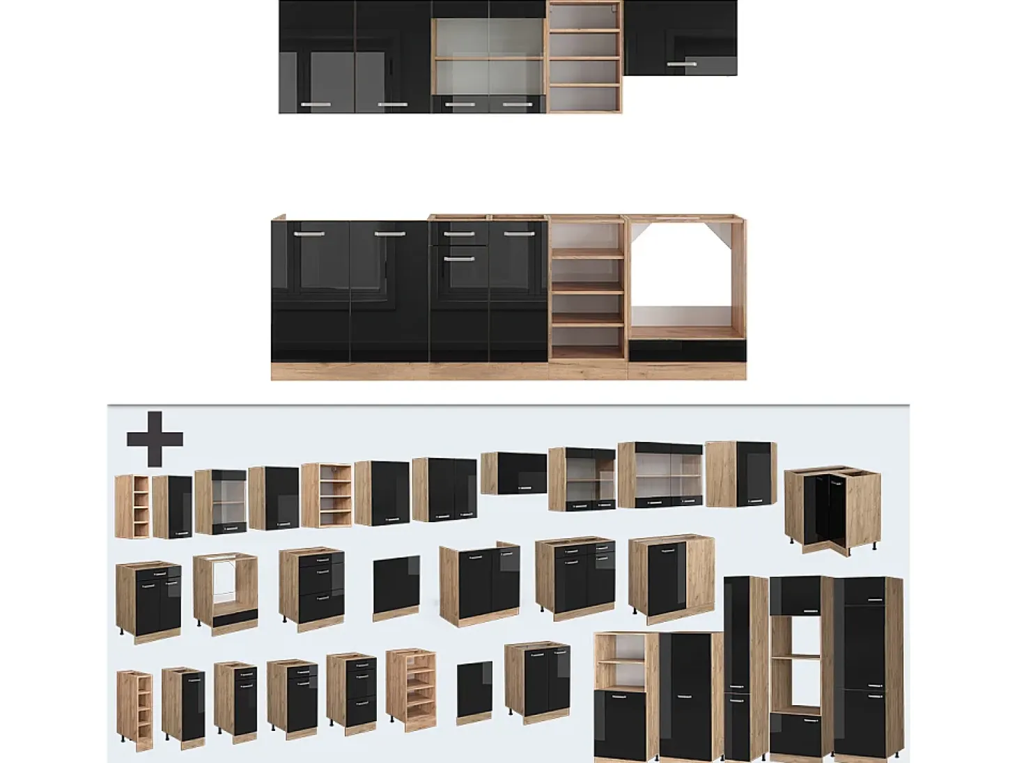 Mueble de cocina roble negro/dorado de alto brillo 240x46x81.6 r-line