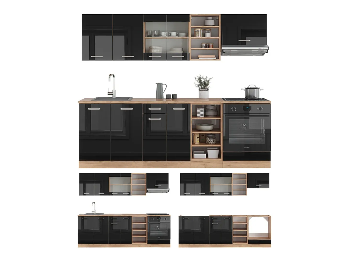 Mueble de cocina roble negro/dorado de alto brillo 240x46x81.6 r-line