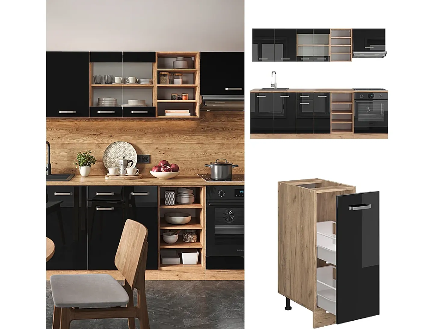 Mueble de cocina roble negro/dorado de alto brillo 240x46x81.6 r-line