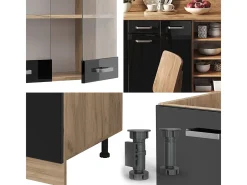Mueble de cocina roble negro/dorado de alto brillo 240x46x81.6 r-line