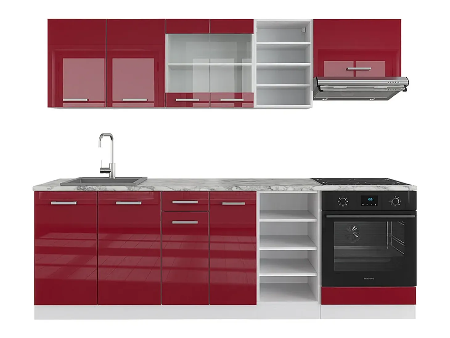 Mueble de cocina rojo brillo intenso/blanco 240x46x81.6 r-line