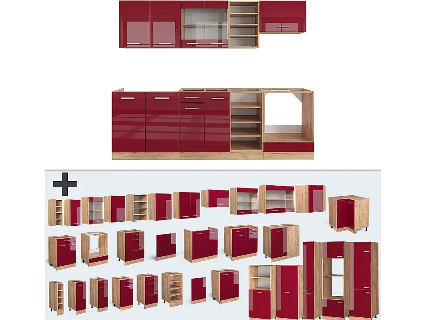 Mueble de cocina rojo brillo intenso/roble dorado 240x60x81.6 r-line
