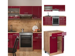 Mueble de cocina rojo brillo intenso/roble dorado 200x46x81.6 r-line