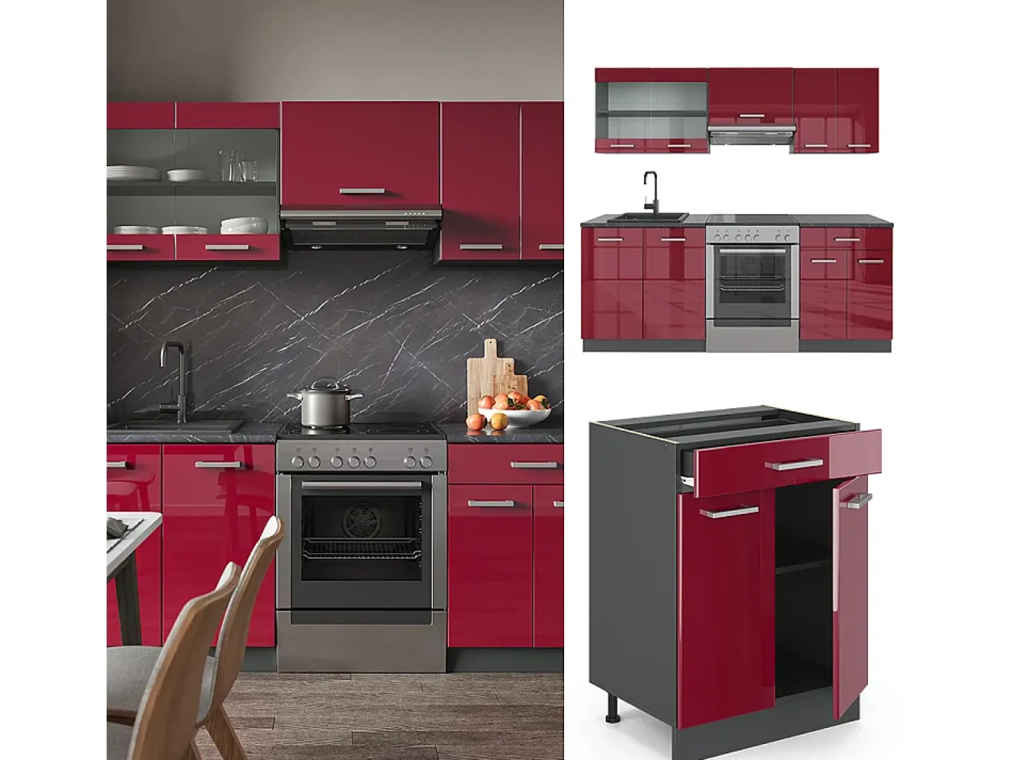 Mueble de cocina rojo brillo intenso/antracita 200x46x81.6 r-line