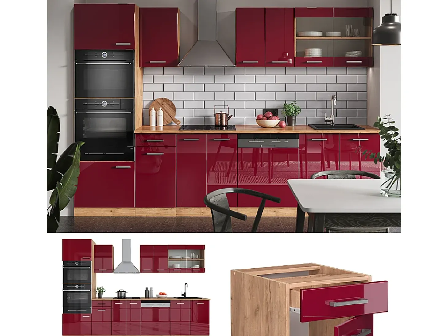 Mueble de cocina rojo brillo intenso/roble dorado 300x46x81.6 r-line