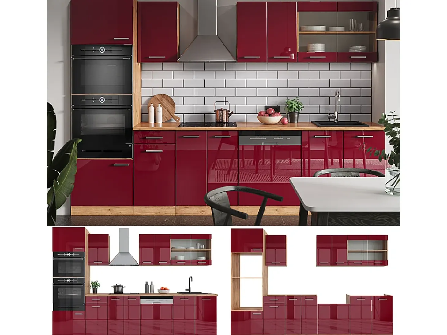Mueble de cocina rojo brillo intenso/roble dorado 300x46x81.6 r-line
