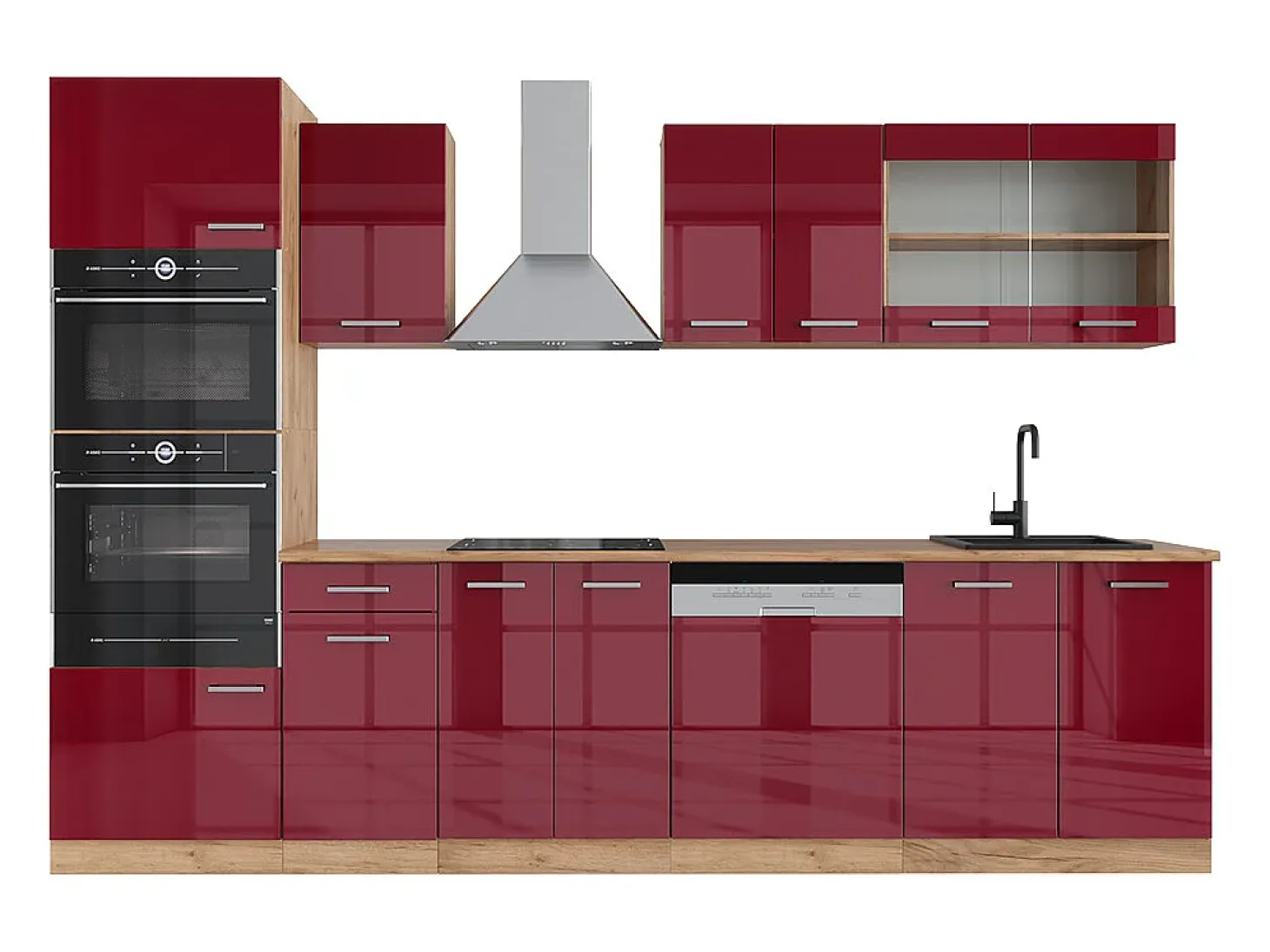 Mueble de cocina rojo brillo intenso/roble dorado 300x46x81.6 r-line