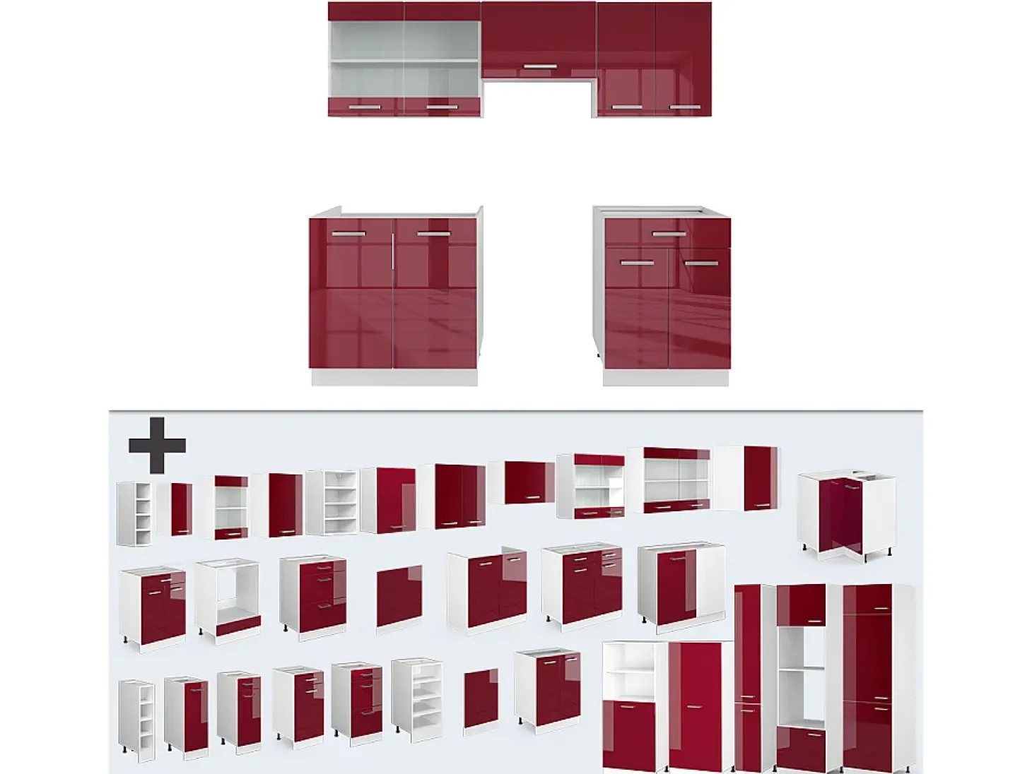 Mueble de cocina rojo brillo intenso/blanco 200x46x81.6 r-line