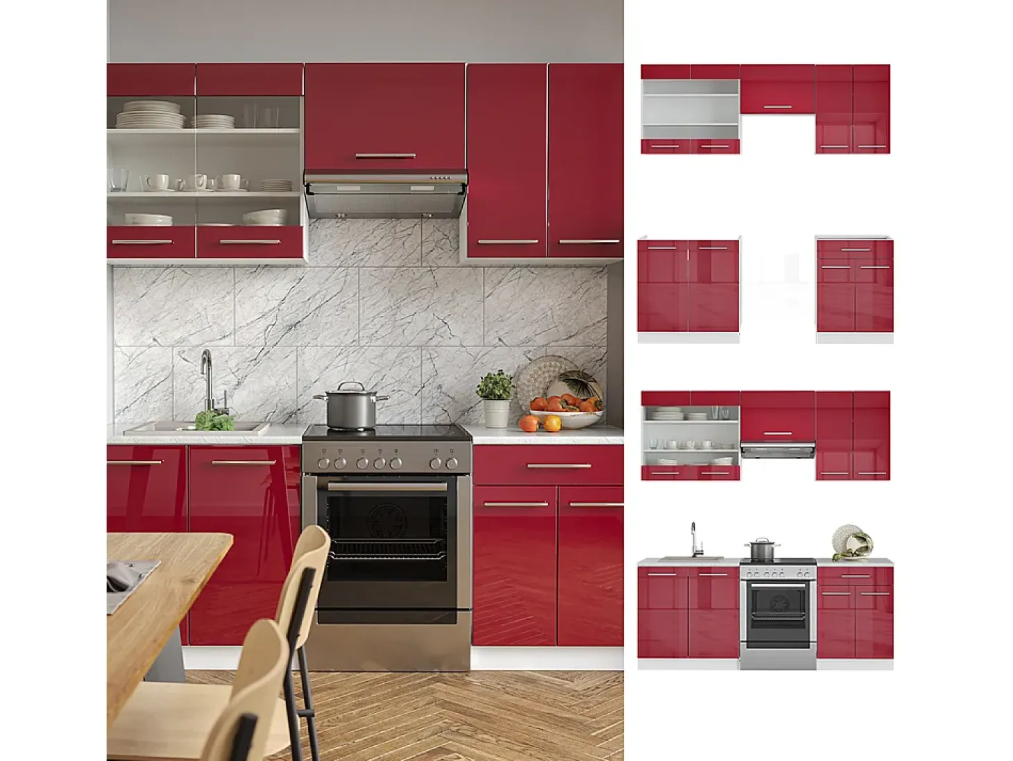 Mueble de cocina rojo burdeos alto brillo 200x46x81.6 fame-line