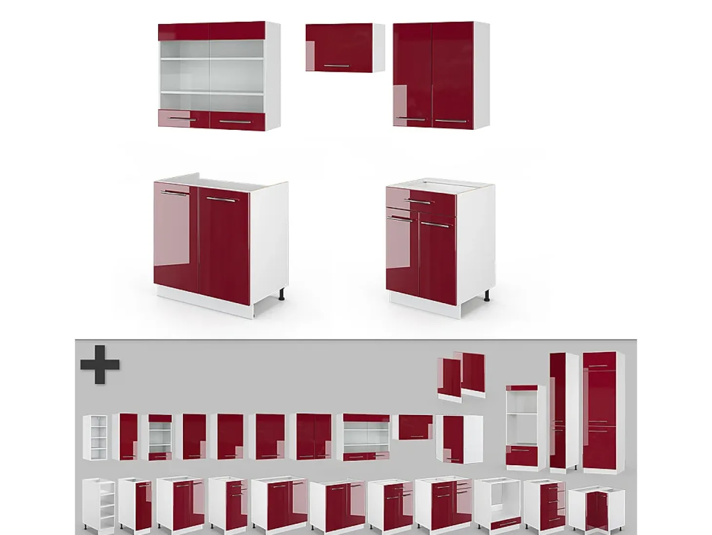 Mueble de cocina rojo burdeos alto brillo 200x46x81.6 fame-line