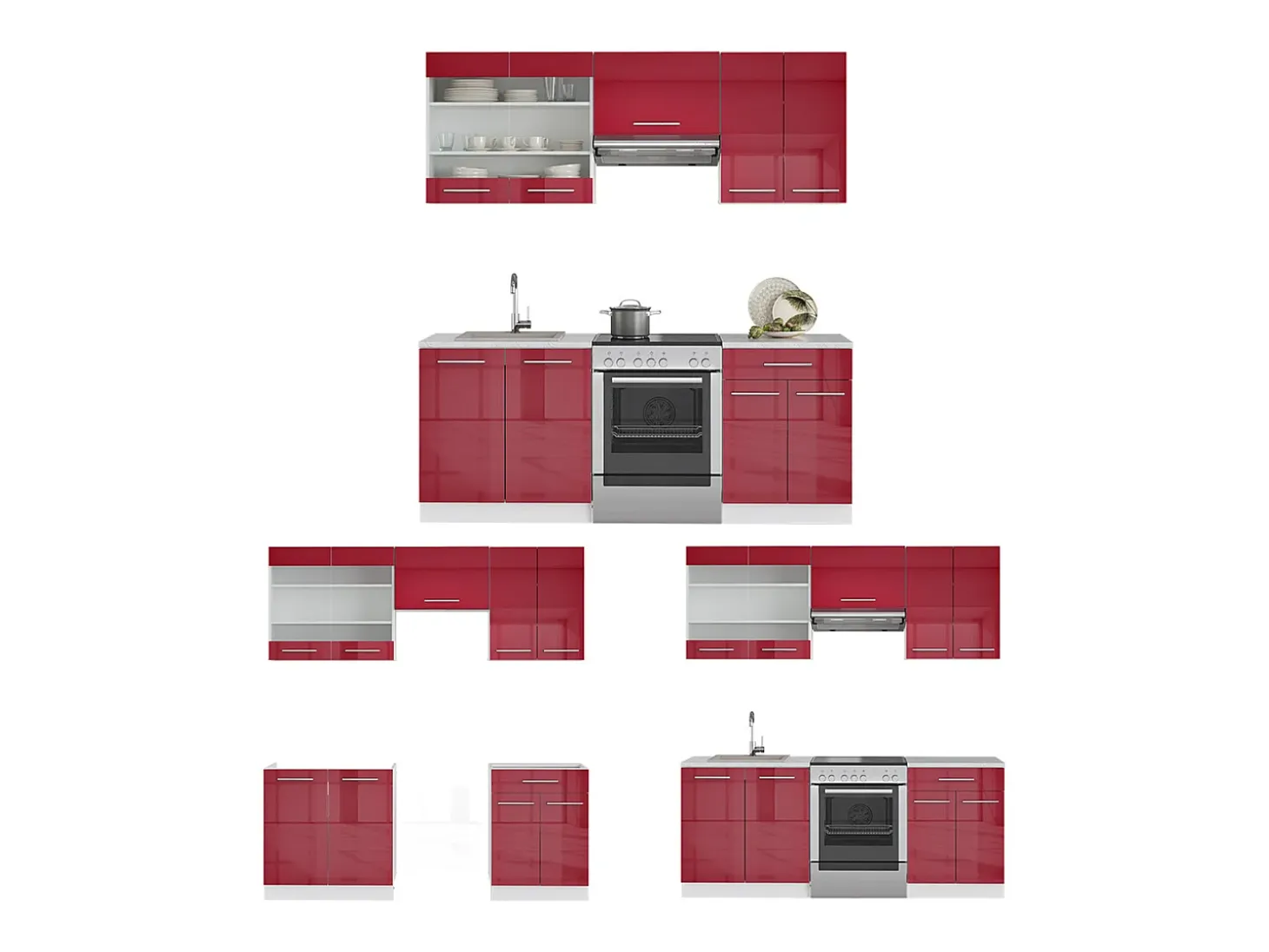 Mueble de cocina rojo burdeos alto brillo 200x46x81.6 fame-line
