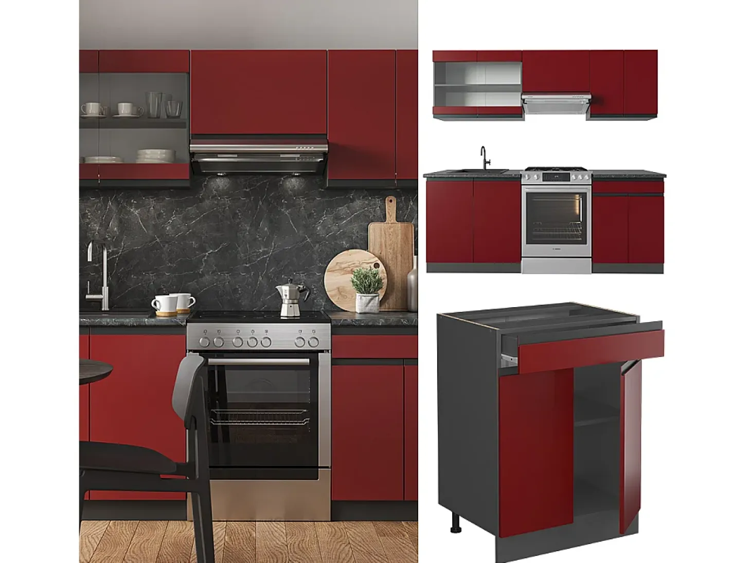 Mueble de cocina rojo/antracita 200x46x81.6 r-line
