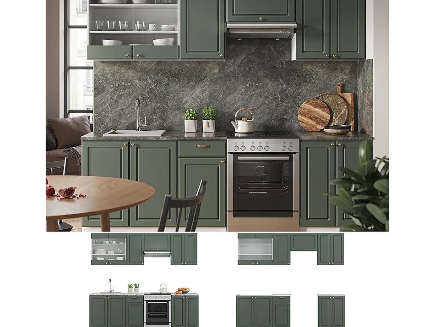 Mueble de cocina verde-dorado casa de campo/blanco 240x46x81.6 fame-line
