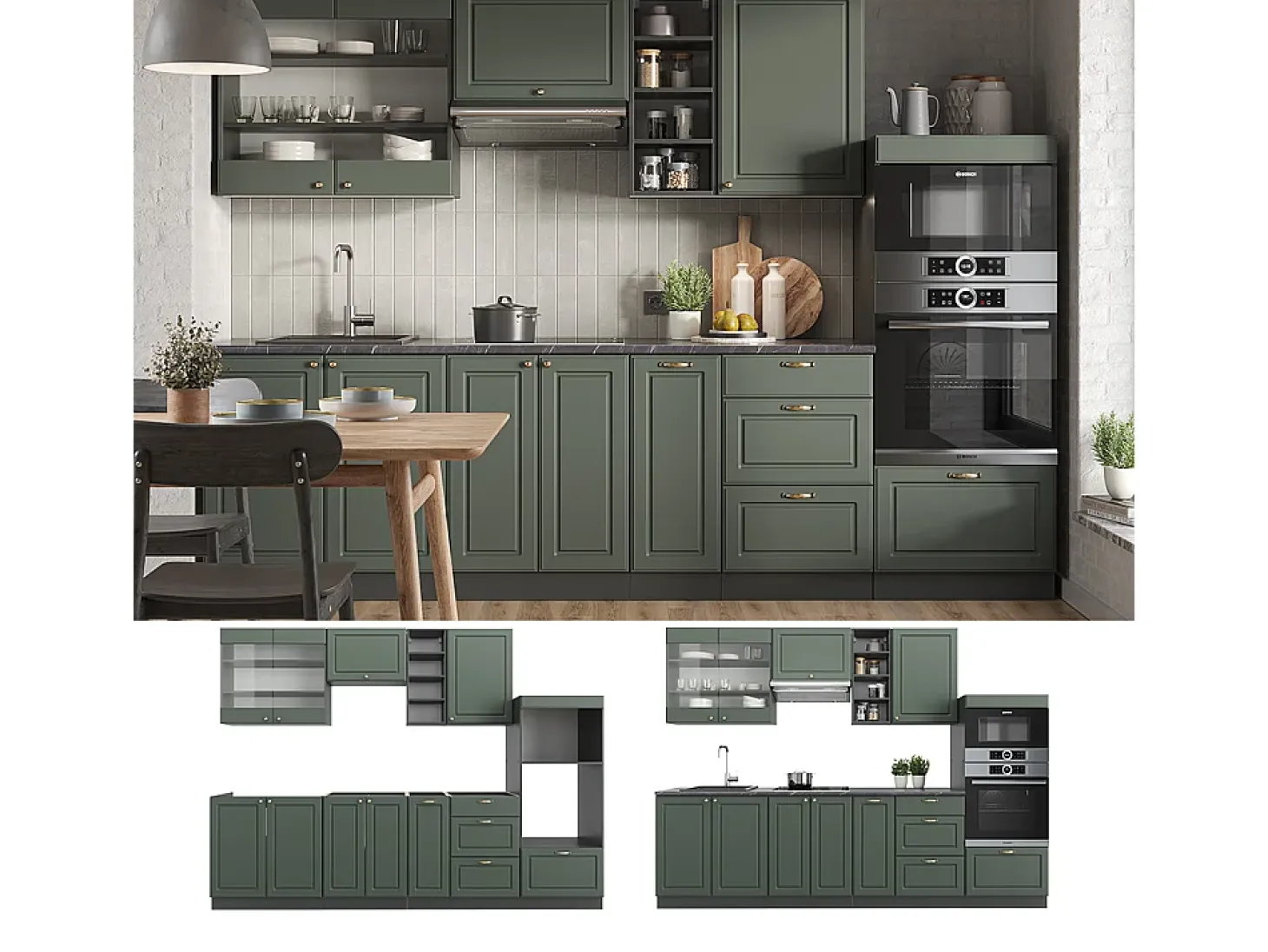 Mueble de cocina verde-dorado casa de campo/antracita 280x60x81.6 fame-line