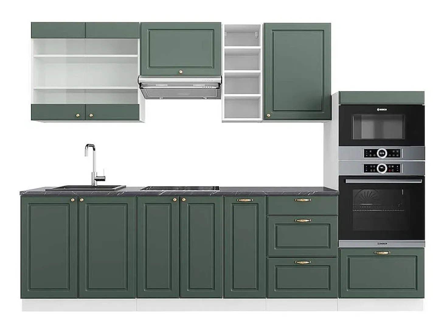 Mueble de cocina verde-dorado casa de campo/blanco 280x60x81.6 fame-line