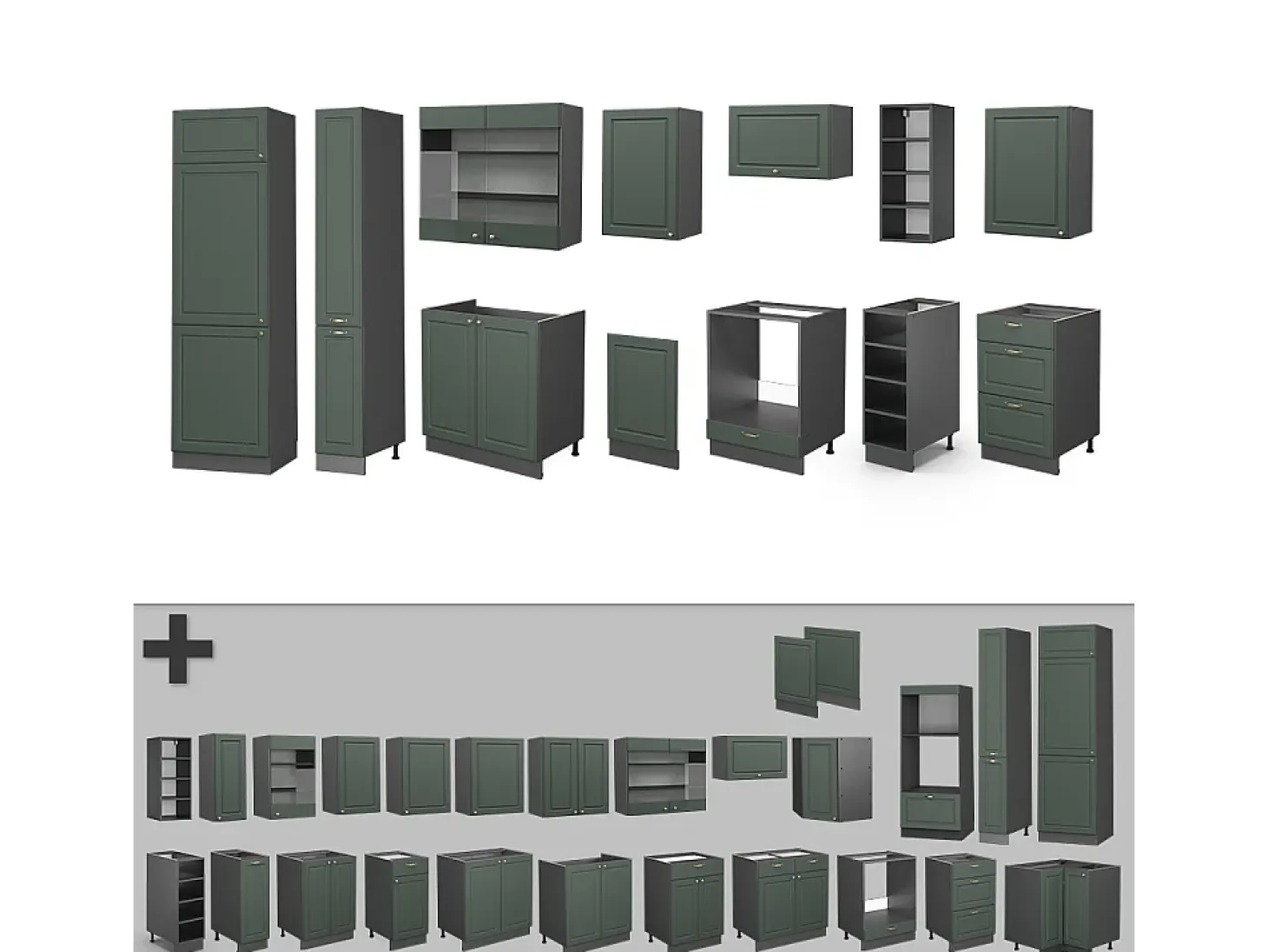 Mueble de cocina verde-dorado casa de campo/antracita 355x46x81.6 fame-line