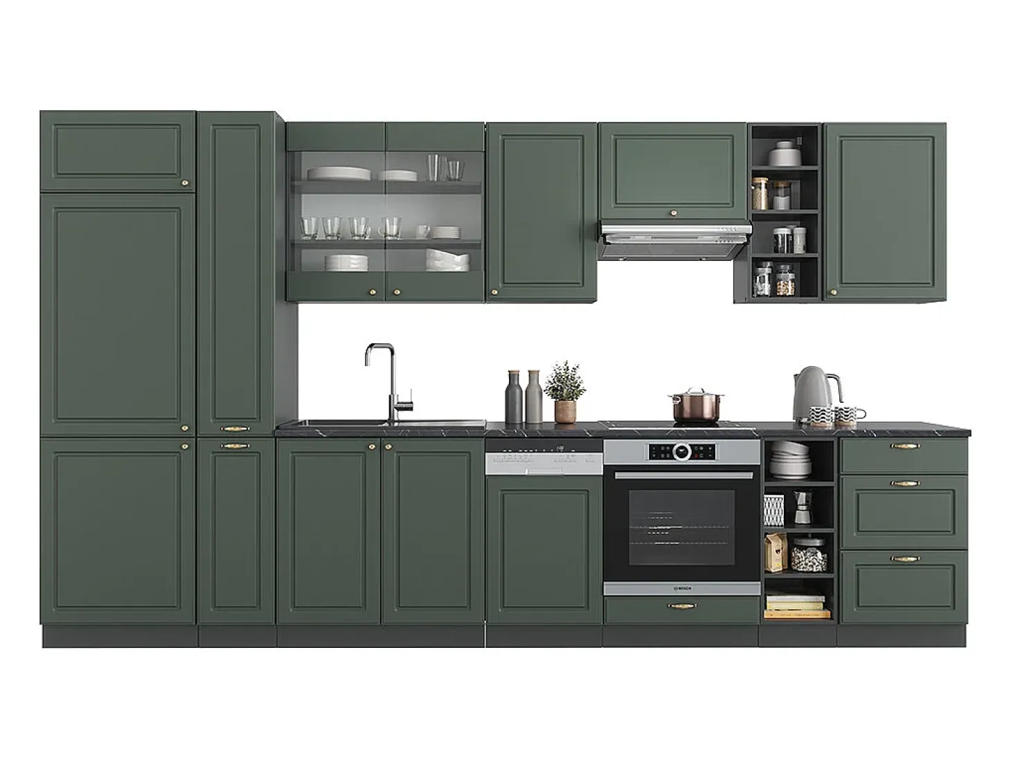 Mueble de cocina verde-dorado casa de campo/antracita 355x46x81.6 fame-line