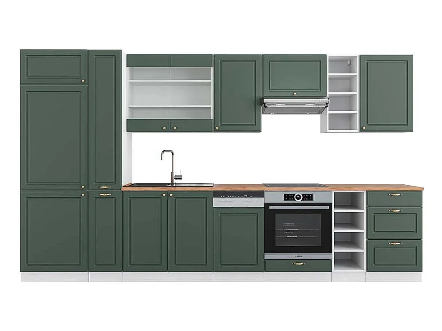 Mueble de cocina verde-dorado casa de campo/blanco 355x60x81.6 fame-line