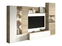 Mueble de TV con Leds Acabado en Blanco Brillo y Roble Canadian - Dim: 260 cm (Ancho) x 185 cm (Alto) x 42 cm (Fondo)