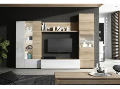Mueble de TV con Leds Acabado en Blanco Brillo y Roble Canadian - Dim: 260 cm (Ancho) x 185 cm (Alto) x 42 cm (Fondo)