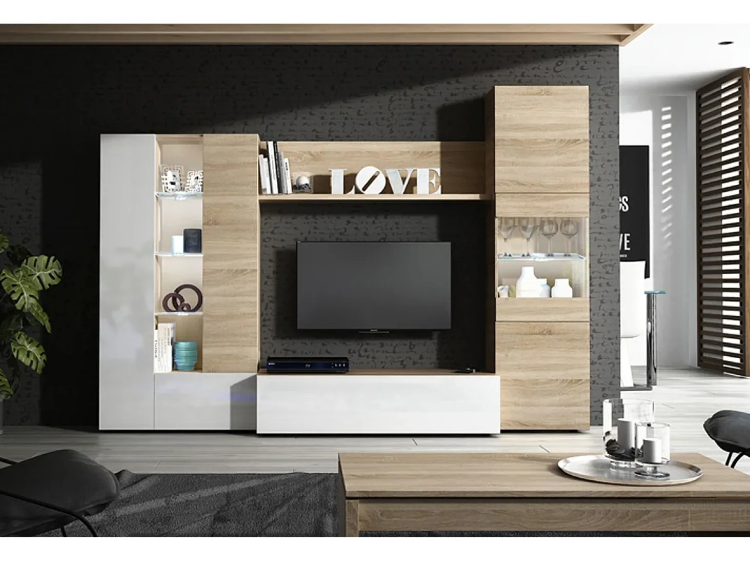 Mueble de TV con Leds Acabado en Blanco Brillo y Roble Canadian - Dim: 260 cm (Ancho) x 185 cm (Alto) x 42 cm (Fondo)