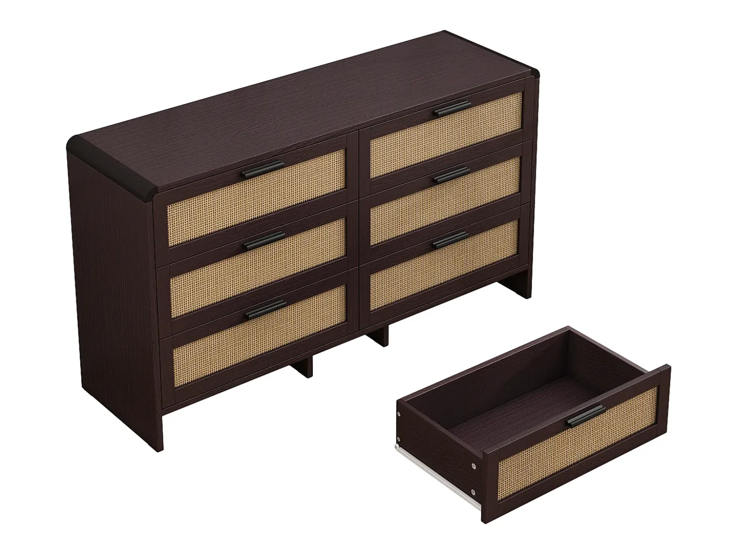 Mueble esquinero de ratán con 6 cajones, madera maciza, color marrón rojizo (130 x 40 x 74 cm)